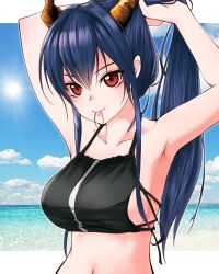 Rule 34 | 1girl, arknights, armpits, arms up, bare arms, bare shoulders, bikini, black bikini, blue hair, blue sky, breasts, ch&#039;en (arknights), ch'en (arknights), chain&#039;s, cloud, collarbone, commentary, day, dragon horns, female tourist c (arknights), hair between eyes, hair tie in mouth, highres, horns, large breasts, long hair, looking at viewer, mouth hold, navel, ocean, official alternate costume, outdoors, ponytail, red eyes, sky, smile, solo, stomach, sun, swimsuit, tying hair, upper body, water