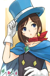 Rule 34 | 1girl, :o, ace attorney, apollo justice: ace attorney, blue eyes, blue hat, brown hair, capcom, cape, diamond (shape), earrings, flat chest, gloves, hat, heart, jewelry, michael f91, open mouth, short hair, single earring, solo, spade (shape), trucy wright