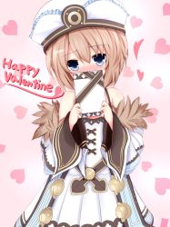 Rule 34 | 10s, 1girl, bare shoulders, blanc (neptunia), blue eyes, blush, brown hair, covering own mouth, embarrassed, happy valentine, haru blanc0316, hat, heart, heart background, highres, neptune (series), pink background, short hair, solo, valentine