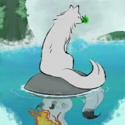 Rule 34 | amaterasu (ookami), animal, different reflection, fire, from behind, glowing, issun, markings, no humans, ookami (game), reflection, reflective water, ripples, rock, sitting, tail, terracottashell, water, waterfall, white fur, white wolf, wolf