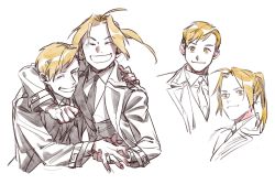 Rule 34 | 1013 1014rt, 2boys, :d, ^ ^, ahoge, alphonse elric, arm around neck, arm behind back, blonde hair, blush, brothers, clenched hand, clenched teeth, closed eyes, coat, collared coat, collared shirt, cropped shoulders, cropped torso, dress shirt, edward elric, facing viewer, fingernails, fullmetal alchemist, hand on another&#039;s shoulder, happy, high ponytail, highres, holding hands, jacket, laughing, light smile, looking afar, looking at viewer, male focus, monochrome, multiple boys, necktie, open clothes, open jacket, open mouth, ponytail, shaded face, shirt, siblings, simple background, smile, spot color, swept bangs, teeth, vest, white background, yellow theme