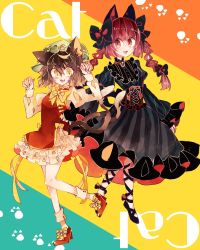 Rule 34 | 2girls, animal ears, black dress, bow, braid, brown hair, cat ears, cat tail, chen, chinese clothes, corset, dress, earrings, fang, fingernails, footwear bow, friends, frills, gem, gothic lolita, green headwear, highres, jewelry, kaenbyou rin, leg ribbon, lolita fashion, long fingernails, mary janes, multiple girls, multiple tails, nail polish, nekomata, open mouth, paw print, puffy sleeves, ratto (mobilis 1870), red eyes, red footwear, ribbon, sharp fingernails, shoes, short hair, single earring, skull, slit pupils, smile, standing, striped background, striped clothes, striped dress, tabard, tail, touhou, twin braids, two tails, yellow eyes