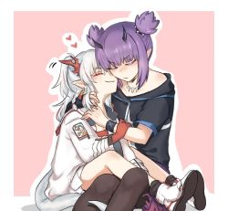 Rule 34 | 2girls, arknights, arm grab, black gloves, black legwear, black shirt, black wristband, braid, chinese commentary, colored eyelashes, dragon girl, dragon horns, dragon tail, closed eyes, fingerless gloves, gloves, heart, horns, infection monitor (arknights), jacket, lava (arknights), mabing, multicolored hair, multiple girls, necklace, nian (arknights), nuzzle, outline, pantyhose, pointy ears, ponytail, purple hair, purple skirt, red hair, red shirt, shirt, short hair with long locks, short twintails, single glove, sitting, skirt, socks, streaked hair, tail, tooth necklace, twintails, white footwear, white hair, white jacket, white outline, yuri