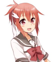 Rule 34 | 10s, 1girl, :d, blush, bow, hair ornament, maruki (punchiki), open mouth, red eyes, red hair, school uniform, short hair, short sleeves, simple background, smile, solo, upper body, white background, yuuki yuuna, yuuki yuuna wa yuusha de aru, yuusha de aru