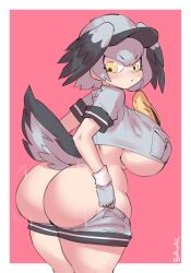 Rule 34 | 1girl, alternate body size, ass, bird tail, bird wings, black hair, blush, borvar, breast pocket, breasts, butt crack, closed mouth, clothes pull, from behind, gloves, grey hair, grey shirt, grey shorts, hair between eyes, hat, head wings, highres, huge ass, huge breasts, kemono friends, looking back, multicolored hair, no panties, pocket, shirt, shoebill (kemono friends), shorts, shorts pull, shortstack, solo, standing, tail, thighs, underboob, wings, yellow eyes