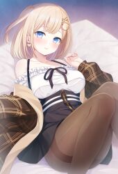 Rule 34 | 1girl, black pantyhose, blonde hair, blue eyes, blush, breasts, earrings, hair ornament, hairclip, heart, heart earrings, highres, hololive, hololive english, jewelry, large breasts, looking at viewer, lying, ogiyuki, on back, one side up, pantyhose, shirt, short hair, skirt, smile, solo, virtual youtuber, watson amelia, white shirt