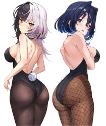 2girls alternate_costume arms_under_breasts ass ass_focus back backless_outfit bare_back bare_shoulders black_hair black_leotard blue_eyes blue_hair blush breasts brown_pantyhose choker colored_inner_hair cowboy_shot crossed_arms detached_collar fake_tail from_behind gradient_hair grey_hair hair_intakes highleg highres hololive hololive_english large_breasts leotard long_hair looking_at_viewer looking_back looking_down multicolored_hair multiple_girls open_mouth ouro_kronii pantyhose playboy_bunny rabbit_tail shiori_novella sideboob simple_background smile split-color_hair strapless strapless_leotard tail tententempe thighs two-tone_hair virtual_youtuber white_background yellow_eyes