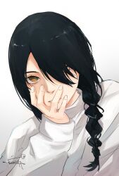 Rule 34 | 1girl, absurdres, black hair, braid, braided ponytail, chainsaw man, expressionless, hand on own face, highres, kumah dessu, looking at viewer, nayuta (chainsaw man), ringed eyes, simple background, solo, sweater, sweater tucked in, white background, yellow eyes