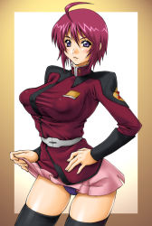 Rule 34 | 00s, 1girl, ahoge, artist request, blush, breasts, covered erect nipples, female focus, game cg, gundam, gundam seed, gundam seed destiny, large breasts, lunamaria hawke, parted lips, puffy nipples, purple eyes, red hair, short hair, skirt, smile, solo, standing, uniform