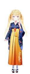 Rule 34 | 1girl, alternate hair length, alternate hairstyle, animal print, blonde hair, blue eyes, breasts, brown footwear, closed mouth, commentary, eyebrows hidden by hair, fish print, floral print, full body, goldfish print, hair ribbon, hakama, hakama skirt, hand up, highres, hololive, hololive english, japanese clothes, long hair, looking at viewer, medium breasts, mixed-language commentary, nabi (uz02), obi, official alternate costume, official art, ok sign, okobo, red ribbon, ribbon, sandals, sash, simple background, skirt, smile, solo, standing, tabi, twintails, virtual youtuber, watson amelia, watson amelia (new year), white background, white legwear