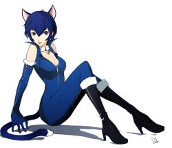 Rule 34 | 1girl, animal ears, blue hair, boots, breasts, cat ears, cat tail, catsuit, cleavage, dh (brink of memories), elbow gloves, gloves, high heel boots, high heels, persona, persona 4, redrawn, shirogane naoto, short hair, solo, tail
