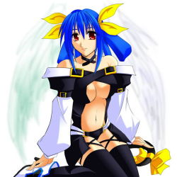 Rule 34 | 1girl, arc system works, asymmetrical wings, blue hair, breasts, dizzy (guilty gear), guilty gear, red eyes, ribbon, solo, tail, tail ornament, tail ribbon, thighhighs, wings