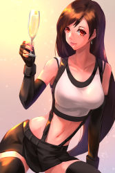 Rule 34 | 1girl, absurdres, alcohol, arm support, artist name, black gloves, black hair, black shorts, breasts, brown hair, closed mouth, collarbone, cup, dangle earrings, detached sleeves, drinking glass, earrings, elbow gloves, final fantasy, final fantasy vii, final fantasy vii remake, gloves, highres, jewelry, light smile, long hair, looking at viewer, midriff, navel, night, night sky, red eyes, shirt, shorts, skirt, sky, smile, solo, square enix, star (sky), starry sky, suspender skirt, suspenders, tank top, taut clothes, tifa lockhart, ura dora, white background, white shirt, wine, wine glass