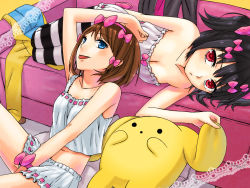 Rule 34 | 10s, 2girls, 403 (artist), black hair, blue eyes, blush, bow, breasts, brown hair, camisole, cleavage, collarbone, couch, hair bow, lying, midriff, multiple girls, navel, on side, pantyhose, red eyes, ren (wooser), rin (wooser), sitting, socks, striped clothes, striped legwear, striped pantyhose, thighhighs, wooser (character), wooser no sono higurashi