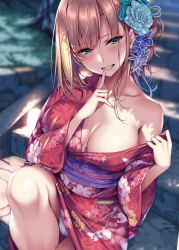 Rule 34 | 1girl, absurdres, bare shoulders, blonde hair, blurry, blurry background, blush, breasts, cleavage, collarbone, day, finger to mouth, fingernails, floral print, green eyes, hair ornament, highres, japanese clothes, kimono, large breasts, nail polish, obi, off shoulder, original, outdoors, panties, parted lips, piromizu, sash, scan, shushing, sidelocks, sitting, smile, solo, stairs, sweat, sweatdrop, underwear, white panties, yukata