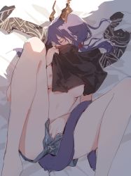 Rule 34 | 1girl, absurdres, arknights, black shirt, blue hair, borrowed clothes, breasts, ch&#039;en (arknights), ch&#039;en the holungday (arknights), clouble, commentary request, denim, denim shorts, dragon girl, dragon horns, dragon tail, female masturbation, highres, horns, long hair, masturbation, nipples, official alternate costume, shirt, shorts, solo, tail, twintails