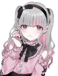 Rule 34 | 1girl, :t, bad id, bad pixiv id, bare shoulders, black bow, black nails, black skirt, bow, closed mouth, clothing cutout, commentary, ear piercing, grey eyes, grey hair, hair bow, hand up, kayanogura, long hair, long sleeves, looking at viewer, multicolored hair, nail polish, original, piercing, pink hair, pink shirt, pout, puffy long sleeves, puffy sleeves, shirt, shoulder cutout, simple background, skirt, sleeves past wrists, solo, symbol-only commentary, two-tone hair, two side up, white background
