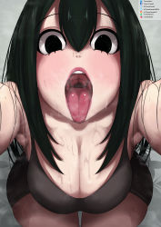 Rule 34 | 1girl, absurdres, armpits, asui tsuyu, black eyes, boku no hero academia, breasts, brown pantyhose, cleavage, dark green hair, foreshortening, from above, grey background, hair between eyes, highres, large breasts, long hair, looking at viewer, nostrils, open mouth, oral invitation, pantyhose, reaching, reaching towards viewer, saliva, simple background, solo, sweat, teeth, thighs, tomodachi (tomofanart), tongue, tongue out, upper teeth only
