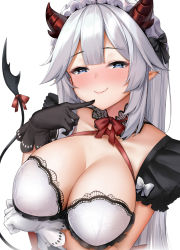 Rule 34 | 1girl, absurdres, asymmetrical gloves, black gloves, blue eyes, breasts, cleavage, closed mouth, dombear, gloves, highres, horns, large breasts, long hair, looking at viewer, mismatched gloves, pointy ears, red horns, ribbon, silver hair, simple background, smile, solo, tail, tail ornament, tail ribbon, upper body, vei (vtuber), vei (vtuber) (4th costume), virtual youtuber, vshojo, white background, white gloves