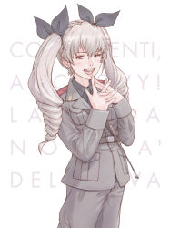 Rule 34 | 10s, 1girl, absurdres, anchovy (girls und panzer), belt, black shirt, blush, dress shirt, drill hair, girls und panzer, grey jacket, grey pants, hair ribbon, own hands clasped, highres, italian text, jacket, long hair, long sleeves, military, military uniform, necktie, open mouth, own hands together, pants, realistic, ribbon, shirt, smile, solo, twin drills, twintails, uniform, yoshikawa kazunori