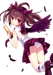 Rule 34 | 1girl, :o, absurdres, adapted costume, back cutout, bare shoulders, black necktie, blush, brown hair, cellphone, checkered clothes, checkered skirt, clothing cutout, feathered wings, feathers, geta, hair ribbon, hat, highres, himekaidou hatate, looking at viewer, looking back, minamura haruki, miniskirt, necktie, panties, pantyshot, phone, pointy ears, purple ribbon, purple wings, red eyes, ribbon, skirt, sleeveless, solo, tengu-geta, thighs, tokin hat, touhou, twintails, underwear, white background, white legwear, white panties, wings