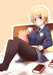 Rule 34 | 10s, 1girl, bad id, bad pixiv id, bed, bedroom, black necktie, black pantyhose, blonde hair, blue eyes, blue skirt, blue sweater, blush, book, braid, closed mouth, commentary, cup, darjeeling (girls und panzer), dress shirt, emblem, girls und panzer, highres, holding, indoors, kapatarou, legs, light smile, long sleeves, looking at viewer, miniskirt, necktie, no shoes, pantyhose, pillow, pleated skirt, saucer, school uniform, shirt, short hair, sitting, skirt, solo, sweater, teacup, twin braids, v-neck, white shirt