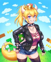 Rule 34 | &gt;:), 1girl, armlet, artist name, black collar, black gloves, black jacket, black thighhighs, blonde hair, blue eyes, blush, bowsette, bracelet, breasts, burbur, collar, commentary, crown, earrings, english commentary, evil smile, fingerless gloves, fingernails, frown, gender request, genderswap, gloves, grin, hair between eyes, high ponytail, horns, jacket, jewelry, leather, leather gloves, leather jacket, long sleeves, looking at viewer, mario (series), mixed-language commentary, nintendo, open clothes, open jacket, parted lips, pointy ears, ponytail, sharp fingernails, sharp teeth, smile, smirk, spiked armlet, spiked bracelet, spiked collar, spiked shell, spiked tail, spikes, super crown, super mario bros. 1, tail, teeth, thighhighs, turtle shell, watermark, white horns