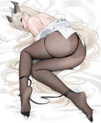 Rule 34 | 1girl, absurdly long hair, ass, bed sheet, black horns, black ribbon, blonde hair, chinese commentary, commentary request, covered mouth, dragon horns, feet, from above, hair behind ear, hair between eyes, highres, horns, legs, long hair, looking at viewer, lying, no shoes, on side, original, panties, panties under pantyhose, pantyhose, pillow, qing wu, ribbon, shirt, shirt partially removed, soles, solo, toes, underwear, very long hair, white shirt, yellow eyes