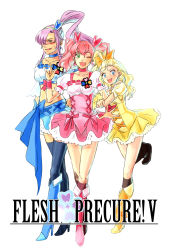 Rule 34 | 00s, 1990s (style), 3girls, blonde hair, blue eyes, blush, boots, cosplay, cure berry, cure berry (cosplay), cure peach, cure peach (cosplay), cure pine, cure pine (cosplay), dress, english text, engrish text, faris scherwiz, female focus, final fantasy, final fantasy v, fresh precure!, green eyes, hair ornament, hairband, high heels, highres, krile mayer baldesion (ff5), lenna charlotte tycoon, long hair, midriff, multiple girls, one eye closed, open mouth, pink hair, ponytail, precure, purple hair, ranguage, retro artstyle, shoes, siblings, sisters, thighhighs, toutoumi, twintails, wink