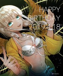 Rule 34 | 1girl, :d, bikini, bikini top only, collarbone, commentary request, danganronpa (series), danganronpa v3: killing harmony, dark-skinned female, dark skin, dated, frilled bikini, frills, ganguro, happy birthday, jacket, jewelry, long hair, long sleeves, looking at viewer, low twintails, navel, necklace, open mouth, sakuyu, silver hair, skirt, smile, solo, swimsuit, teeth, twintails, upper teeth only, wristband, yellow jacket, yonaga angie