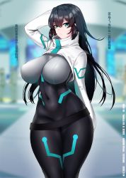 Rule 34 | 1girl, aqua eyes, arm behind back, belt, black hair, bodysuit, breasts, commentary request, covered navel, dated, covered erect nipples, gundam, gundam build divers, gundam build divers re:rise, highres, large breasts, long hair, may (gundam build divers re:rise), solo, thighs, translation request, twitter username, wide hips, xiangzi box