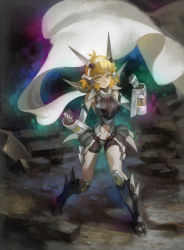 Rule 34 | 1girl, adapted costume, armor, armored boots, bare shoulders, boots, clenched hands, clothing cutout, female focus, frown, full body, gauntlets, headgear, headphones, highres, light brown hair, navel, navel cutout, scarf, senki zesshou symphogear, serious, short hair, solo, spoilers, standing, tachibana hibiki (symphogear), visqi, white scarf, yellow eyes
