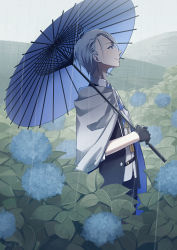 Rule 34 | 1boy, black gloves, black pants, blue eyes, cape, dated, day, flower, gloves, hydrangea, looking to the side, male focus, oil-paper umbrella, outdoors, over shoulder, pants, rain, silver hair, solo, sorges, standing, touken ranbu, umbrella, yamanbagiri chougi