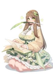 Rule 34 | 1girl, absurdres, black survival, breasts, brown hair, dress, eternal return: black survival, floral print, green dress, green eyes, gweon sua, hair ornament, highres, large breasts, leaf hair ornament, long hair, looking at viewer, quill, seiza, simple background, sitting, solo, symbol-shaped pupils, white background, yabby