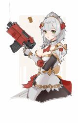 Rule 34 | 1girl, armor, armored dress, black dress, bolter, braid, breasts, brown background, cleavage, commentary request, dress, eyebrows hidden by hair, flower, gauntlets, genshin impact, green eyes, grey hair, gun, hair flower, hair ornament, highres, holding, holding gun, holding weapon, inniyik, looking at viewer, medium breasts, noelle (genshin impact), purity seal, red flower, red rose, rose, smoke, smoking barrel, solo, translation request, two-tone background, warhammer 40k, weapon, white background