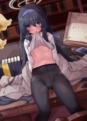 Rule 34 | 1girl, absurdres, black hair, black pantyhose, blue archive, blue eyes, blue hairband, blue ribbon, blush, book, bookshelf, breasts, clothes lift, dame na hito (damenahidou), desk, hair between eyes, hair ribbon, hairband, halo, highres, indoors, lamp, lifting own clothes, long hair, looking at viewer, low twintails, mouth hold, nipples, on desk, open clothes, panties, panties under pantyhose, pantyhose, ribbon, shirt, shirt lift, sitting, small breasts, solo, steaming body, twintails, ui (blue archive), underwear, very long hair, white shirt