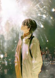 Rule 34 | 1boy, aerial fireworks, ayn alwyn, bishounen, black hair, chinese commentary, city, city lights, cityscape, commentary request, expressionless, eyelashes, fireworks, lovebrush chronicles, hair between eyes, hands in pockets, headphones, headphones around neck, highres, jacket, long sleeves, looking up, male focus, multicolored clothes, multicolored jacket, night, outdoors, parted lips, puffy long sleeves, puffy sleeves, red eyes, red jacket, short hair, sky, solo, sparkle, two-tone jacket, wanyou, water, white jacket