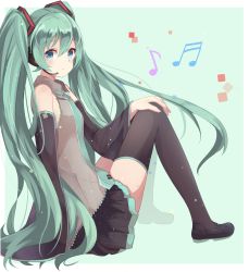 Rule 34 | 1girl, aqua eyes, aqua hair, black thighhighs, blush, detached sleeves, full body, hand on own knee, hatsune miku, headset, huuyu 1z, long hair, looking at viewer, musical note, necktie, open mouth, quaver, shoes, simple background, skirt, solo, thighhighs, twintails, very long hair, vocaloid