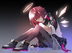 Rule 34 | 1girl, akagashi hagane, arknights, black footwear, commentary, cross-laced footwear, detached wings, exusiai (arknights), fingerless gloves, full body, gloves, grey background, grey pantyhose, hair over one eye, halo, jacket, knees up, looking at viewer, pantyhose, pouch, red eyes, red hair, reflection, shoes, short hair, sitting, solo, white jacket, wings