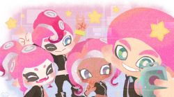 Rule 34 | 2boys, 2girls, :d, ;&gt;, ^ ^, afro, agent 8 (splatoon), arms up, black footwear, black pants, blue eyes, boots, bright pupils, chibi, closed eyes, closed mouth, dark skin, double v, fangs, green eyes, grey eyes, grin, holding, long hair, mohawk, multiple boys, multiple girls, nintendo, no nose, octoling, octoling boy, octoling girl, octoling player character, open mouth, pants, pink hair, ponytail, selfie, short hair, single sleeve, smile, splatoon (series), splatoon 2, splatoon 2: octo expansion, star (symbol), suction cups, teeth, tentacle hair, v, yoshishi (yosisitoho), zipper