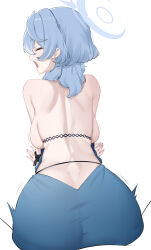 Rule 34 | 1girl, absurdres, ako (blue archive), ako (dress) (blue archive), ass, backboob, backless dress, backless outfit, blue archive, blue dress, blue hair, blue halo, breasts, closed eyes, cropped legs, cuffs, dongye1551, dress, from behind, halo, handcuffs, highres, large breasts, long hair, official alternate costume, open mouth, simple background, sleeveless, sleeveless dress, solo, white background