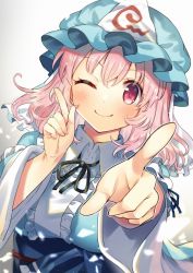 Rule 34 | 1girl, black neckwear, blue kimono, blue sash, blush, commentary request, cropped torso, frilled shirt collar, frills, grey background, hair between eyes, hat, index finger raised, japanese clothes, kapuchii, kimono, long sleeves, mob cap, obi, one eye closed, pointing, pointing at viewer, saigyouji yuyuko, sash, short hair, simple background, smile, solo, touhou, triangular headpiece, upper body, veil, wide sleeves