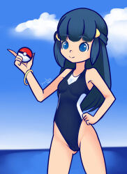 Rule 34 | 1girl, black hair, black one-piece swimsuit, blue eyes, bracelet, breasts, cloud, collarbone, creatures (company), dawn (pokemon), drantyno, game freak, hair ornament, hand on own hip, highleg, highleg swimsuit, holding, index finger raised, jewelry, long hair, nintendo, ocean, one-piece swimsuit, poke ball, poke ball (basic), pokemon, pokemon (game), pokemon dppt, sky, small breasts, smile, standing, swimsuit, water