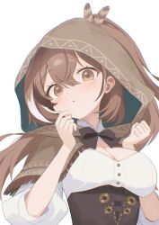 1girl :o brown_capelet brown_cloak brown_corset brown_eyes brown_hair capelet cleavage_cutout cloak clothing_cutout corset feather_hair_ornament feathers hair_ornament hands_up hieroglyphics hololive hololive_english hood hood_up long_hair looking_at_viewer nanashi_mumei nanashi_mumei_(1st_costume) ogossi ponytail shirt turning_head upper_body very_long_hair virtual_youtuber white_shirt