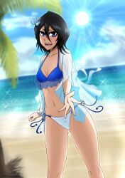 Rule 34 | 1girl, absurdres, beach, bikini, black hair, bleach, blue eyes, blush, breasts, highres, kuchiki rukia, looking at viewer, mistowing, navel, ocean, open mouth, outdoors, short hair, small breasts, smile, solo, swimsuit