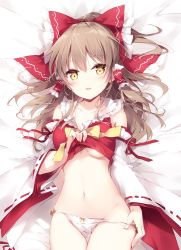Rule 34 | 1girl, arm ribbon, bare shoulders, bed sheet, blush, bow, bow panties, breasts, brown hair, collarbone, commentary request, cowboy shot, detached sleeves, frilled shirt collar, frills, groin, hair bow, hair tubes, hakurei reimu, half updo, lifted by self, long hair, long sleeves, looking at viewer, lying, medium breasts, mochizuki shiina, navel, on back, panties, panty pull, parted lips, pulled by self, red bow, red ribbon, ribbon, ribbon-trimmed sleeves, ribbon trim, sidelocks, smile, solo, stomach, thighs, touhou, underboob, underwear, white panties, wide sleeves, yellow bow, yellow eyes