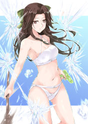 Rule 34 | 1girl, bokken, bow, breasts, brown eyes, brown hair, commentary request, cowboy shot, green bow, hair bow, hair intakes, half updo, jintsuu (kancolle), kantai collection, long hair, medium breasts, mikage takashi, navel, solo, standing, sword, water gun, weapon, wooden sword
