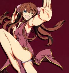Rule 34 | 10s, 1girl, ;d, absurdres, armpits, bare shoulders, brown hair, bun cover, china dress, chinese clothes, double bun, dress, fang, fighting stance, fingernails, green eyes, hair bun, highres, huang lingyin, infinite stratos, kung fu, kurashima tomoyasu, leg lift, legs, long fingernails, long hair, long legs, official art, one eye closed, open mouth, outstretched hand, panties, pantyshot, scan, simple background, smile, solo, thighs, twintails, underwear, white panties, wink