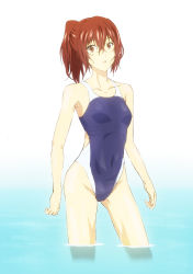 Rule 34 | 02akst, 10s, 1girl, competition swimsuit, free!, highres, long hair, matsuoka gou, one-piece swimsuit, ponytail, red eyes, red hair, soaking feet, standing, swimsuit, wading, water