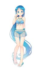 Rule 34 | 1girl, absurdly long hair, alternate costume, armband, bikini, blue bikini, blue eyes, blue hair, blush, closed mouth, commentary request, front-tie bikini top, front-tie top, full body, gluteal fold, gradient hair, hair between eyes, hair ornament, hairclip, hand up, highres, jewelry, kantai collection, legs, long hair, looking at viewer, multicolored hair, navel, oge (ogeogeoge), samidare (kancolle), see-through, side-tie bikini bottom, simple background, slippers, smile, solo, standing, swept bangs, swimsuit, thighs, transparent background, very long hair, white background